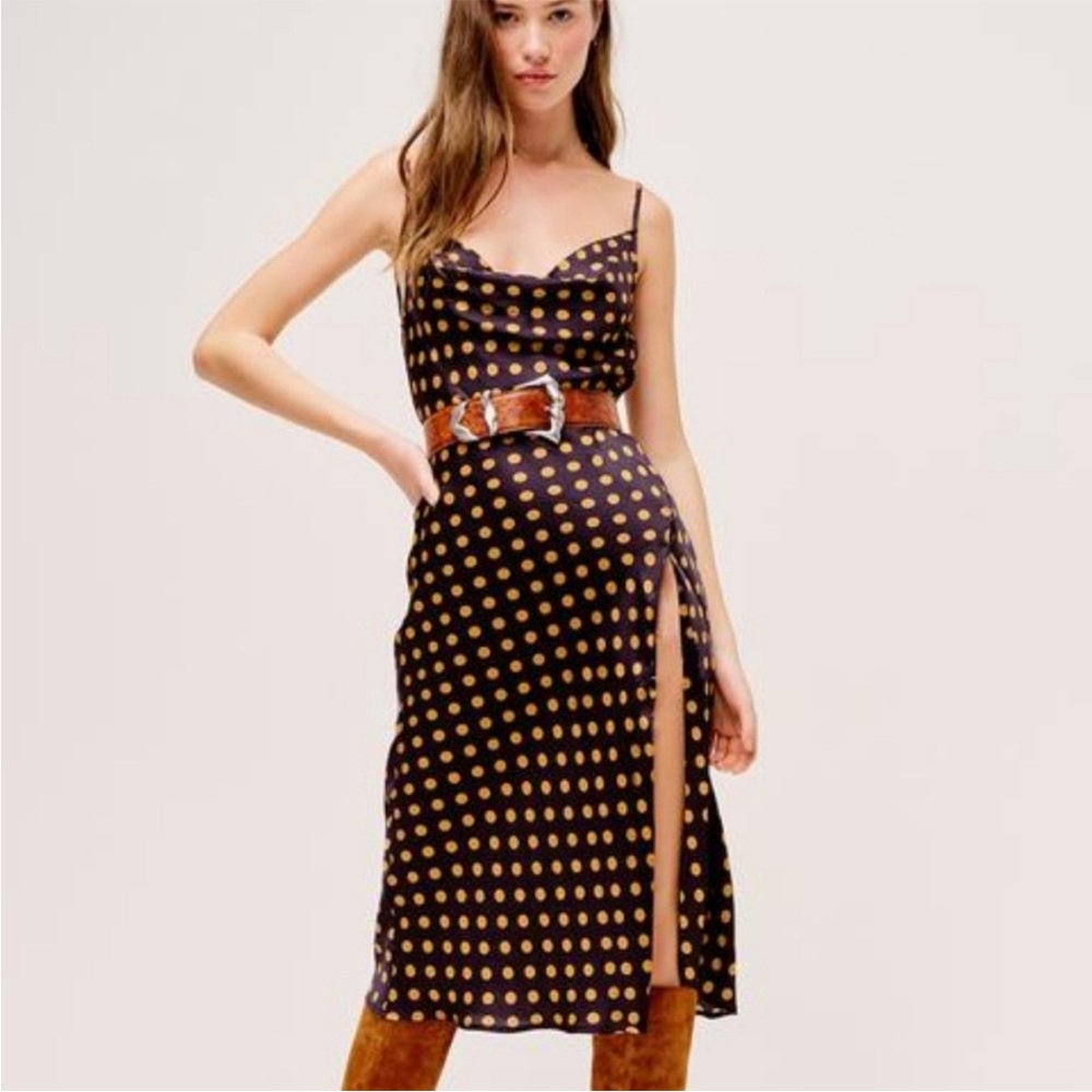 FOR LOVE AND LEMONS Morgan Polka Dot Print Midi Slip Dress Open Back size S